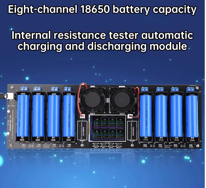 18650 Battery Capacity Tester with 8 Channels Real-Time Voltage Current Display Heat Dissipation for Lithium Battery Analysis